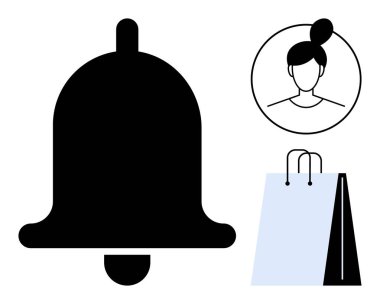 Büyük bir uyarı zili, basit bir alışveriş çantası ve minimalist bir kullanıcı profili simgesi. Bildirimler, profiller, e-ticaret, alışveriş için idealdir. Müşteri ilişkilerine alarm verir. Düz basit