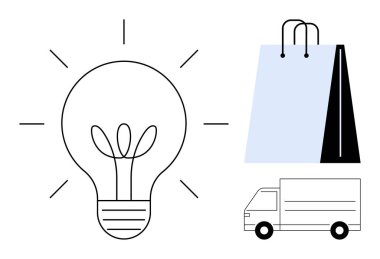 Ampul ışığı saçan fikirler, kağıt alışveriş torbası ve dağıtım kamyonu yaratıcılığı, perakendeciliği ve ulaşımı gözünde canlandırıyor. Girişimcilik, e-ticaret, perakende, lojistik yenilik pazarlama için ideal