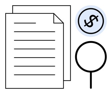 İki belge, bir daire içinde bir dolar işareti ve bir büyüteç konsepti finans, analiz, değerlendirme, denetleme ve gözden geçirmeyi onaylıyor. Denetleme için ideal, araştırma parası çok basit.