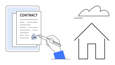 Mavi kalemli, minimalist ev hatları ve bulutlu bir tablet için el imzası. Gayrimenkul, mülkiyet anlaşması, dijital imza, ev sahipliği, yasal bağlama, uzaktan kumanda için ideal