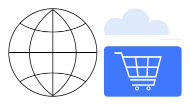 Küresel ulaşımı gösteren küre, çevrimiçi bağlantıyı sembolize eden bulut ve dijital ticareti temsil eden alışveriş arabası. E-ticaret, küreselleşme, bulut teknolojisi, perakende, dijital trendler için ideal