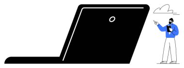 Geniş dizüstü bilgisayar ve iş dünyasının profesyonel açıklamaları. Dijital öğrenmeyi, uzaktan çalışmayı veya teknik talimatları sembolize ediyor. Eğitim, takım çalışması, yenilik, öğretim, iletişim için ideal