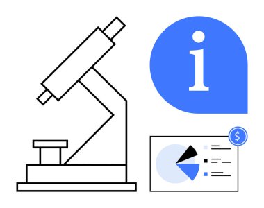 Turta grafikleri ve finansal sembollerin yer aldığı mikroskop eşliğinde. Mavi bilgi simgesi bilgi paylaşımını temsil ediyor. Bilim, araştırma, analiz, finans, veri, yenilik için ideal