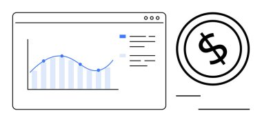 Kalın dolar simgesinin yanında veri noktaları olan analitik grafik. Finans, yatırım, analiz, işletme yönetimi, büyüme, ekonomi ve strateji için ideal. Düz basit metafor