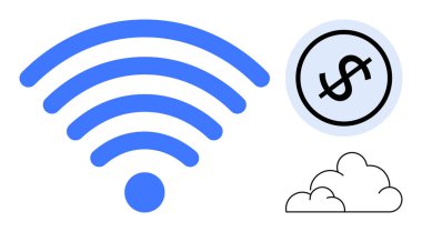 Dolar sembolü ve bulut şeklinin yanında dijital finans ve bağlantıyı vurgulayan mavi kablosuz sinyal simgesi. Teknoloji, finans, ekonomi, bulut hesaplama, kablosuz iletişim için ideal