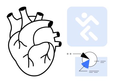 Soyut fitness ikonu ve istatistiksel grafiğin yanına anatomik kalp çizimi. Sağlık, tıp, kardiyoloji, zindelik, sağlık, veri analizi, yaşam tarzı için ideal. Düz basit metafor