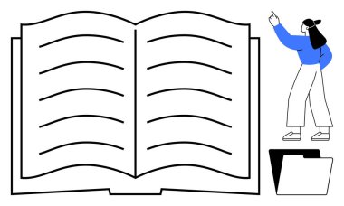 Bilgiyi temsil eden görünür satırları olan büyük, açık bir kitap. Mavili kadın bir klasöre işaret ederek öğrenme, örgütlenme, belgeleme, araştırma, eğitim ve öğrenimi vurguluyor