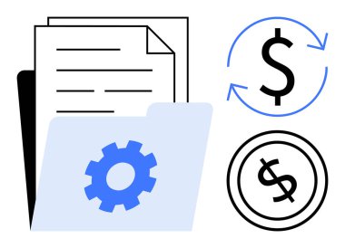 Ayarlar teçhizatlı belge klasörü, yuvarlak oklu dolar işareti ve bozuk para taslağı. Finans, organizasyon, veri akışı, yatırım, muhasebe, işletme yönetimi ödeme sistemleri için ideal