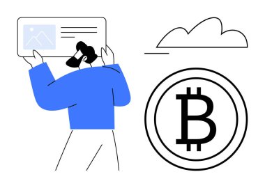 Üzerinde resim ve metin olan dijital bir kart tutan kişi, Bitcoin işareti ve bulut hatlarının yanında. Kripto para birimi, engelleme zinciri, finans, dijital cüzdan, bulut teknolojisi, yenilik teknolojisi için ideal. Düz