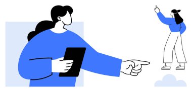 Tabletli kişi, parlak mavi tonlarda kendinden emin bir jest yapan başka bir kişiyi işaret ediyor. Takım çalışması, rehberlik, liderlik, işbirliği, iletişim, akıl hocalığı, karar verme süreci için ideal