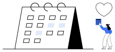 İşaretli tarihleri olan büyük takvim, kalp aşka odaklanmayı sembolize ederken insan olayları vurguluyor. Zaman yönetimi, programlama, üretkenlik, öncelikler, ilişkiler, etkinlik planlaması için ideal