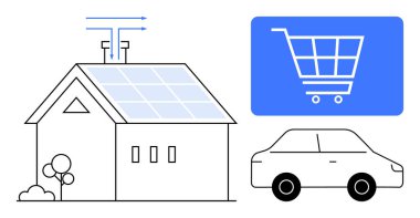 Güneş panelleri, havalandırma okları, bitişik araba ve dijital alışveriş arabası ikonu olan ev. Enerji, sürdürülebilirlik, e-ticaret, teknoloji, çevre dostu akıllı sistem yeniliği için idealdir. Düz