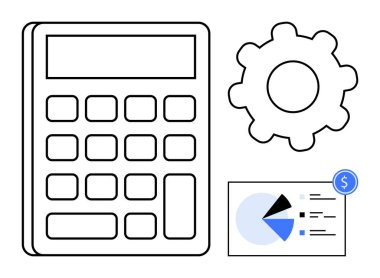 Vites ve veri tablosunun yanında pasta grafiği ve para birimi sembolü olan hesap makinesi. Finans, muhasebe, bütçe, veri analizi, iş stratejisi, otomasyon, yönetim için ideal. Düz basit metafor