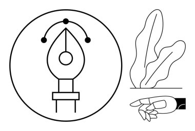 Çemberin içindeki yol düğümlerine sahip kalem aracı, soyut bitki şekli, ve minimal siyah-beyaz tarzda robotik el. Yaratıcılık, tasarım, teknoloji, yenilik, otomasyon, doğa dengesi için ideal