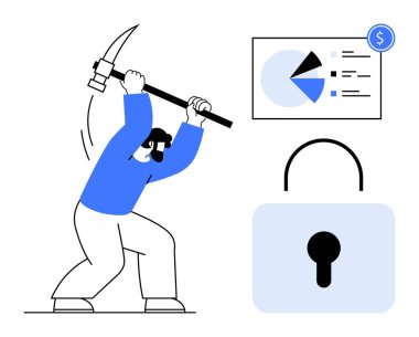 Analiz çizelgesinden veri çıkarmak için kazma kullanan kişi, finansal keşif ve veri analizini yansıtırken kilit güvenliği vurguluyor. Teknoloji, veri, finans, siber güvenlik, çevrimiçi için ideal