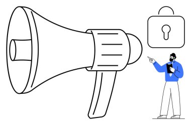 Elinde pano tutan bir adamın yanında büyük bir megafon ve kilit sembolü. Güvenlik, gizlilik, iletişim, pazarlama, veri koruması, bilgi paylaşımı, iş ahlakı için idealdir. Düz basit
