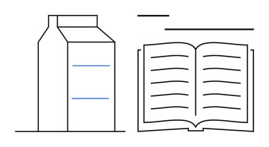 Süt kutusu ve açık bir kitap, besin ve bilgi arasındaki zıtlığı belirten minimalist çizgi tarzında. Eğitim, beslenme, sürdürülebilirlik, basitlik, öğrenme, minimalizm için ideal