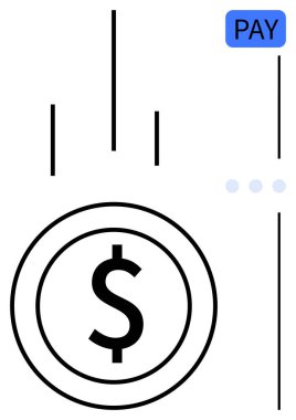 Para transferini temsil eden dolar parası, çevrimiçi işlemler için soyut dikey çizgiler, Pay düğmesi aksanı. Finans, bankacılık, e-ticaret, ödeme yöntemleri, fintech, dijital cüzdanlar için ideal