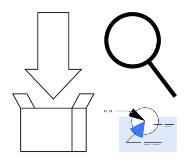 Büyüteç ve pasta grafiğinin yanındaki açık kutunun üzerindeki ok, verileri analiz ediyor. Basit bir metaforda araştırma, lojistik, ambalaj, veri analizi, keşif, arama ve ulaşım için ideal