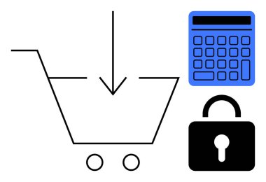 Aşağıya doğru ok atan araç, mali planlama ve güvenlik için kilitlenme için hesap makinesi tarafından tamamlanan bir satın alma eylemini gösteriyor. Ecommerce, bütçe, güvenlik, transfer, yatırım, alışveriş için ideal
