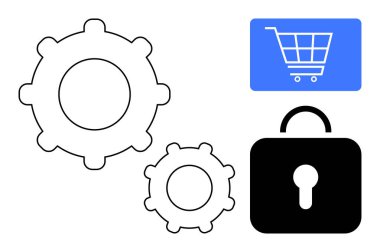 Alışveriş arabası, iki vites ve bir kilit güvenli işlemler ve işletim süreçlerinin konseptlerini birleştiriyor. E-ticaret, siber güvenlik, ödeme güvenliği, yenilik, teknoloji, sistem için ideal
