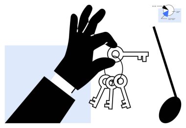 Üç anahtar tutan siyah siluetli el, yakınlarda büyüteç, küçük soyut grafik girişi. İş, güvenlik, analiz, erişim, veri fırsatı stratejisi için ideal. Düz basit metafor