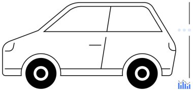 Küçük dikey büyüme çizelgesinin yanı sıra, siyah tekerlekleri ve minimal çizgisi olan bir arabanın basit yan görüntüsü. Ulaşım, otomotiv eğilimleri, teknoloji, hareketlilik, büyüme takibi için ideal