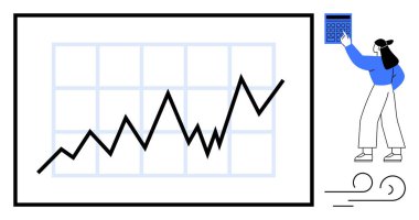 Yükselen çizelge büyümeyi gösteriyor. Kadın verileri hesaplıyor, analitik, planlama ya da iyileştirme öneriyor. Basit bir metafor planlayan iş, finans, strateji, istatistik ölçümleri için ideal