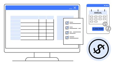 Yıllık ödemeler için abonelik veri tablosunu, kontrol listesini ve takvimi gösteren bilgisayar ekranı. Planlama, organizasyon, verimlilik, abonelik, faturalandırma için ideal iş akışı. Düz basit