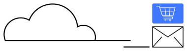 İçinde dijital çözümleri temsil eden bir alışveriş arabası ikonu olan bir zarfa bağlı bulut. Bulut hesaplama, çevrimiçi alışveriş, e-posta pazarlama, iletişim, e-ticaret, teknoloji eğilimleri için ideal