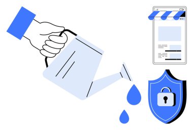 Sulama kabından suyu dijital vitrinin yanına damlalar ve kilitli kalkanla doldurur. Koruma, siber güvenlik, büyüme, yetiştirme, e-ticaret, teknoloji ve yenilik için ideal. Düz basit