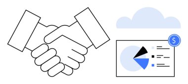 Tokalaşma, finansal raporun yanında bulutların altında turta grafiği olan ortaklığı simgeliyor. İş anlaşmaları, işbirliği, finans planlaması, analitik, bulut hizmetleri, ekonomik büyüme için ideal