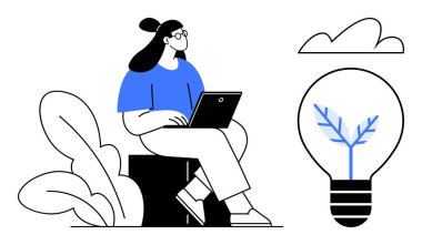 Dizüstü bilgisayarda çalışan genç bir kadın, bitkisel gelişimi temsil eden bir ampul, yapraklı arka plan, bulut. Sürdürülebilirlik, yaratıcılık, teknoloji, yenilik, beyin fırtınası yeşil enerji için ideal