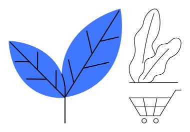 Yapraklarla dolu bir alışveriş arabasının yanında koyu mavi yapraklar sürdürülebilirliği, doğayı ve etik alışverişi vurguluyor. Eko-bilinç, sürdürülebilirlik, sağlıklı yaşam, organik ürünler için ideal