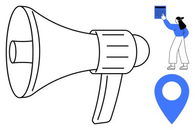 Büyük megafonda duyurular, planlama için takvim tutan kadınlar ve hedefleme için yer rozeti vurgulanıyor. İletişim, reklam, planlama, pazarlama, markalaşma, promosyon için ideal