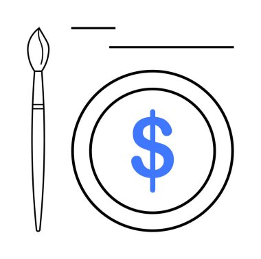 Çemberin içindeki bir dolar sembolünün yanındaki boya fırçası yaratıcılığın ve kazancın kesişimini vurguluyor. Finans, sanat ekonomisi, yaratıcılık, gelir, para, iş, yenilik için ideal