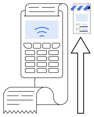 Ödeme terminali fatura basıyor, akıllı telefon uygulaması ve okla online alışverişe bağlanıyor. Perakende, e-ticaret, dijital ödeme, teknoloji, yenilik, verimlilik için ideal, düz basit metafor