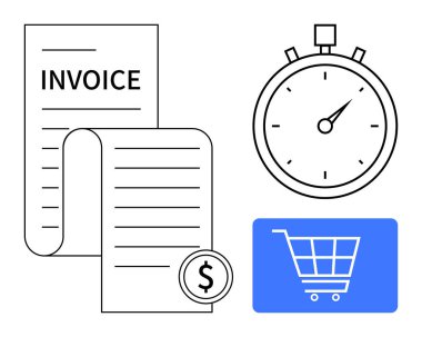 Faturalı fatura, kronometre izleme süresi, online işlemleri sembolize eden alışveriş arabası. E-ticaret, fatura, ödeme tarihleri, mali yönetim, alışveriş, zaman izleme için ideal