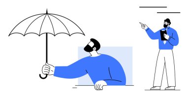 Şemsiyeyi tutan adam korumayı sembolize ederken, meslektaşı da panoyu güvenle tutuyor. Takım liderliği, iş rehberliği, işbirliği, sorumluluk, güvenlik, takım çalışması için ideal