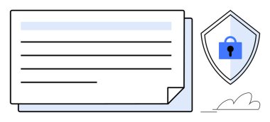 Kilit simgesi olan güvenlik kalkanının yanındaki belge. Veri güvenliği, gizlilik, şifreleme, çevrimiçi güvenlik, siber koruma, bilgi güvenliği, dijital güvenlik için ideal. Soyut çizgi düz metafor