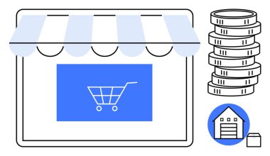 Mağaza tentesi, alışveriş arabası ekranda, bozuk para yığınları, depo taslakları, e-ticaret, perakende, kar, envanter, iş stratejisi lojistik dijital pazarlama dairesi metaforu için ideal