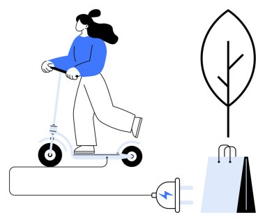 Elektrikli scooter kullanan kadın, şarj aleti, yaprak ve alışveriş torbaları yeşil hareketliliği, bilinçli tüketiciliği ve çevreye duyarlı yaşamı sembolize ediyor. Sürdürülebilirlik, eko taşımacılık ve yeşil enerji için ideal