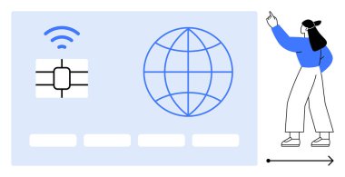 Çipli dijital SIM kart, kablosuz sinyal, küresel bağlantı için küresel simge ve ileriye bakan kişi. İletişim, teknoloji, ağ, yenilik, hareketlilik için ideal dijital