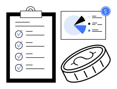 Tamamlanmış görevleri olan kontrol listesi, bölümlü pasta grafiği ve finansal odak için bir madeni para. Finans, bütçe, planlama, ekonomi, üretkenlik, strateji sade metafor için ideal