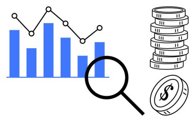 Veri akışı çizgisi olan çubuk grafik, analizi vurgulayan büyüteç ve finansı ima eden bozuk para desteleri. Analiz, finans, yatırım, ekonomi, iş denetimi ve tasarruflar için ideal. Düz basit
