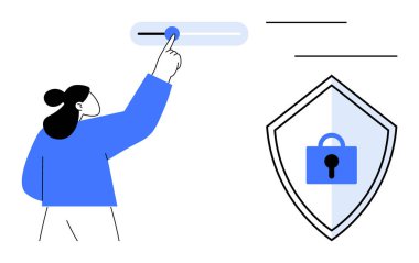 Kadın, kalkanın yanındaki ayarları kilit ile ayarlıyor. Bu da veri güvenliği ve kontrolünü gösteriyor. Siber güvenlik, veri gizliliği, kullanıcı ayarları, dijital kontrol, güvenli erişim, teknoloji için ideal