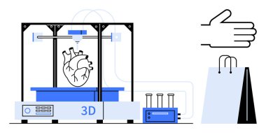 Gelişmiş 3D yazıcı, çevresiyle insan kalbi üretiyor. El ve alışveriş çantası bilim, teknoloji ve pratik yenilikleri çağrıştırıyor. Sağlık, teknoloji, araştırma, gelecek ve ilerleme için ideal