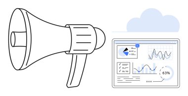 Bulut simgesinin altında grafikler ve çizelgeler olan megafon ve analitik gösterge paneli. Pazarlama, reklamcılık, veri görselleştirme, bulut teknolojisi, izleyici ilgisi, tanıtım ve iletişim için ideal