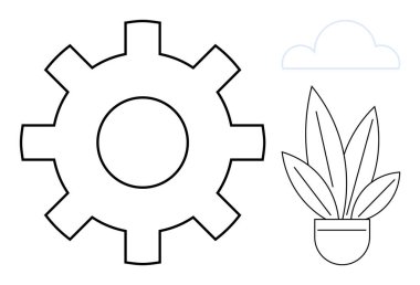 Geniş teçhizat, sivri yapraklı saksı bitkisi ve bulut çizgisi. Teknoloji, mühendislik, yazılım geliştirme, çevre bilinci, sürdürülebilirlik, çevre dostu uygulama için ideal