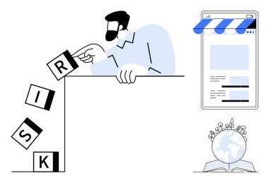Masaya risk blokları koyan adam, online mağaza arayüzü, aşağıdaki bitkilerle dolu dünya. İş stratejisi, risk yönetimi, e-ticaret, sürdürülebilirlik, eğitim ve yenilik için ideal
